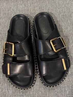 Black Leather Buckle Slide Sandals